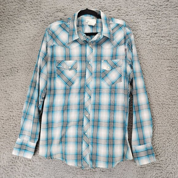 Wrangler Other - Wrangler Shirt Mens Medium Wrancher Blue Plaid Long Sleeve Pearl Snap Western